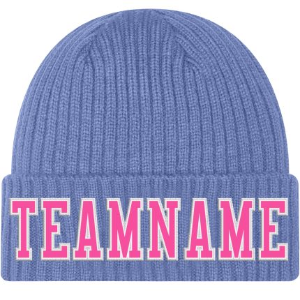 Light Blue Pink-White Stitched Knit Hat - Custom Cuffed Beanie for Men and Women Custom Light Blue Pink-White Stitched Cuffed