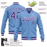 Light Blue Purple White Varsity Letterman Bomber Full-Snap Jacket - Custom Design Custom Light Blue Purple-White Bomber Full-Snap