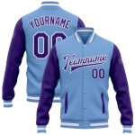 Light Blue Purple White Two Tone Bomber Full-Snap Varsity Letterman Jacket Custom Light Blue Purple-White Bomber Full-Snap