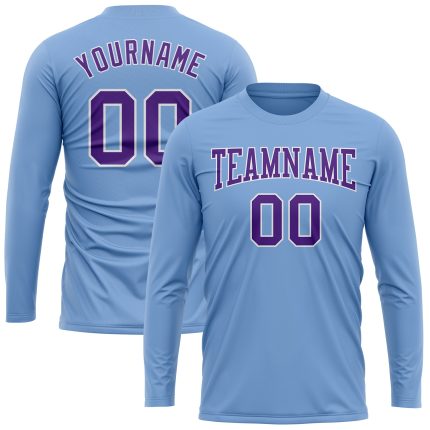 Custom Performance T-Shirt in Light Blue Purple White - Long Sleeve Athletic Top Custom Light Blue Purple-White Long Sleeve