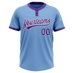 Custom light blue, purple and white softball jersey, back view