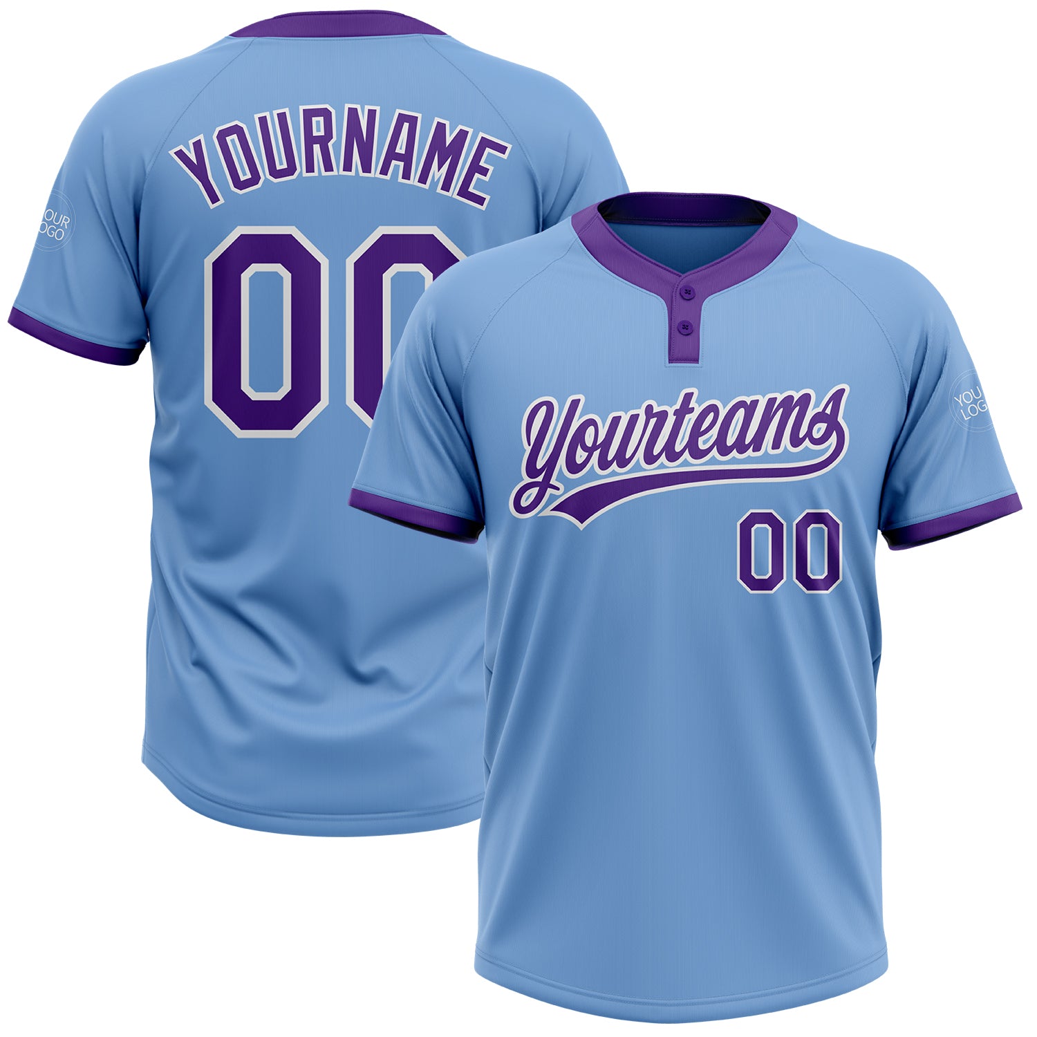 Custom light blue, purple and white softball jersey