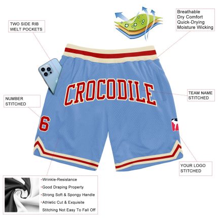 Light Blue Red-Cream Basketball Shorts Authentic Custom Throwback Style Custom Light Blue Red-Cream Authentic Throwback Basketball