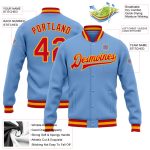 Light Blue Red Gold Varsity Letterman Bomber Jacket Custom Full-Snap Design Custom Light Blue Red-Gold Bomber Full-Snap Varsity