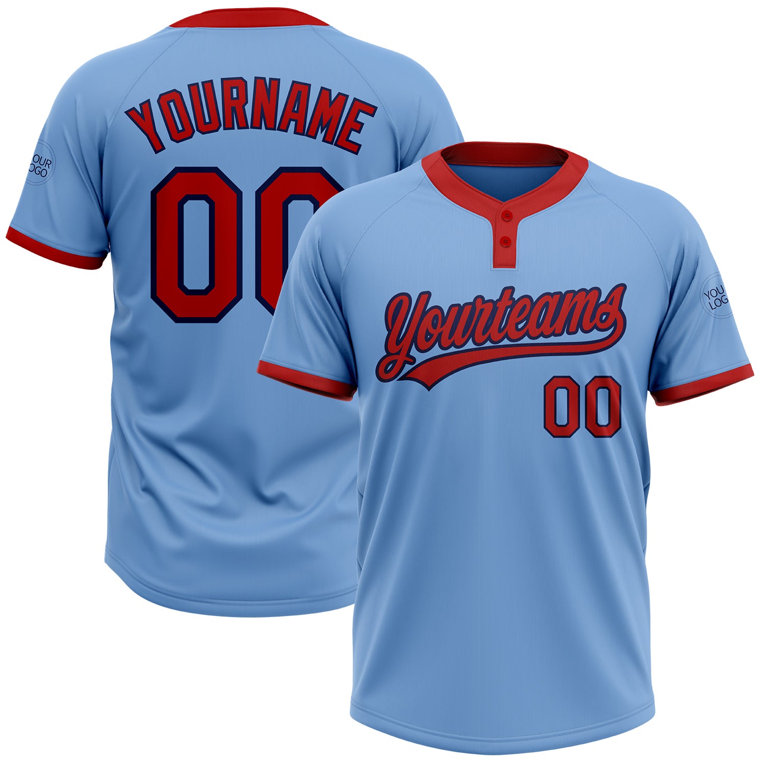 Light Blue Red-Navy Unisex Softball Jersey Custom Two-Button Design Custom Light Blue Red-Navy Two-Button Unisex Softball