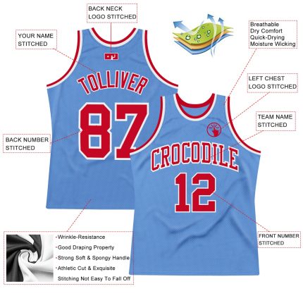 Light Blue Red-White Authentic Throwback Basketball Jersey - Custom Fit Custom Light Blue Red-White Authentic Throwback Basketball