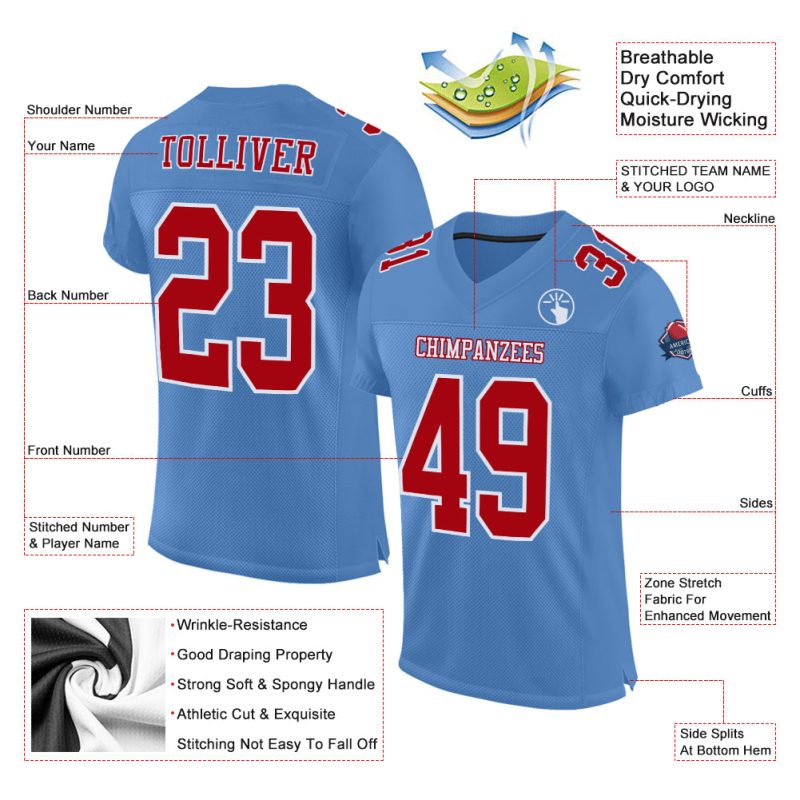 Light Blue Red White Authentic Football Jersey - Custom Mesh Design Custom Light Blue Red-White Mesh Authentic Football Jersey