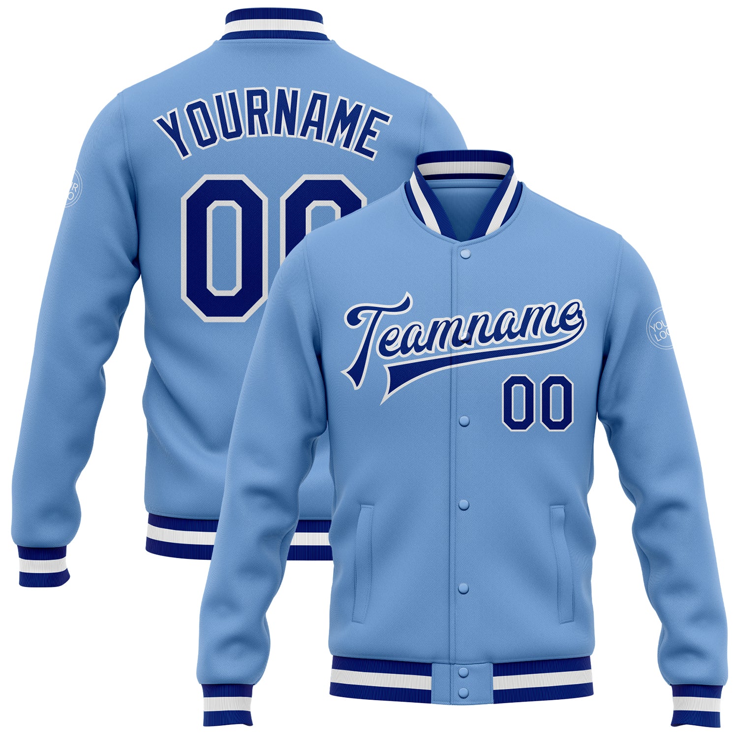 Custom Light Blue Royal-White Bomber Full-Snap Varsity Letterman Jacket Light Blue Varsity Bomber Jacket for Men | Royal-White Full-Snap Letterman Style Custom Light Blue Royal-White Bomber Full-Snap