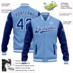 Light Blue White Two-Tone Varsity Letterman Bomber Full-Snap Jacket Custom Light Blue Royal-White Bomber Full-Snap Varsity