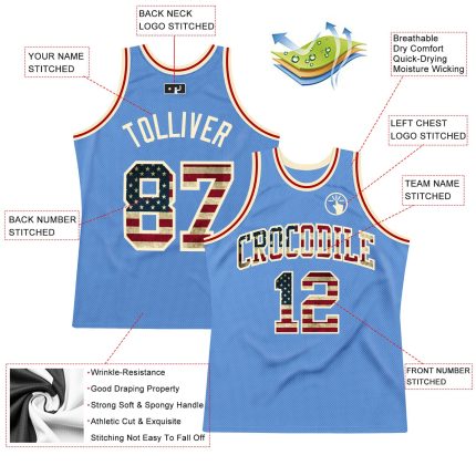 Light Blue Vintage USA Flag Basketball Jersey - Cream Authentic Throwback Design Custom Light Blue Vintage USA Flag-Cream