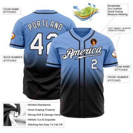 Light Blue Black White Fade Fashion Baseball Jersey - Custom Authentic Design Custom Light Blue White-Black Authentic Fade