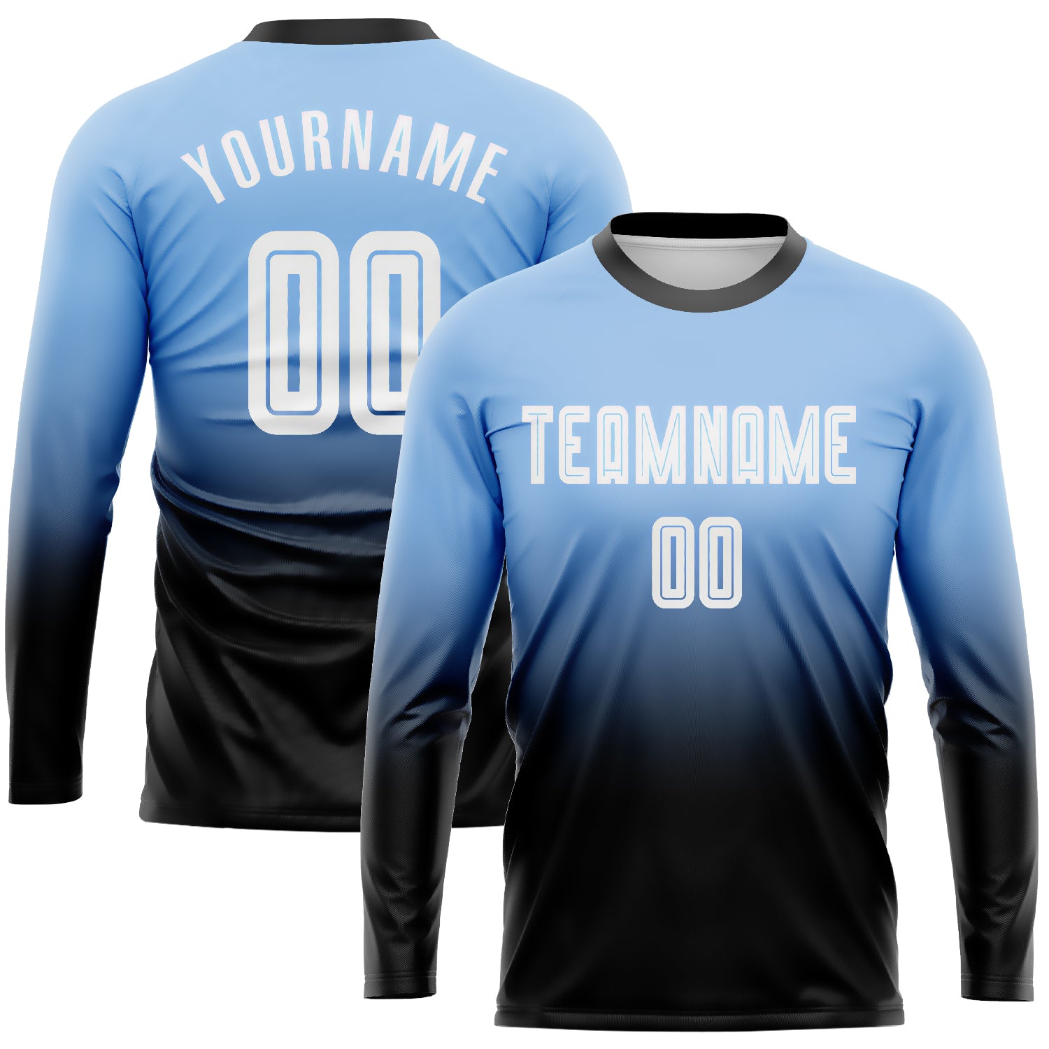Light Blue Black White Sublimation Soccer Jersey Long Sleeve Fade Fashion Uniform Custom Light Blue White-Black Sublimation