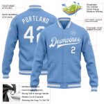 Light Blue White Bomber Varsity Jacket Custom Full-Snap Letterman Style Custom Light Blue White Bomber Full-Snap Varsity