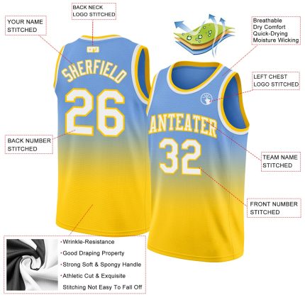 Custom Light Blue White Gold Fade Basketball Jersey - Authentic Fashion Style Custom Light Blue White-Gold Authentic Fade