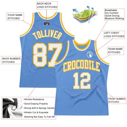 Light Blue White-Gold Authentic Throwback Basketball Jersey - Custom Design Custom Light Blue White-Gold Authentic Throwback