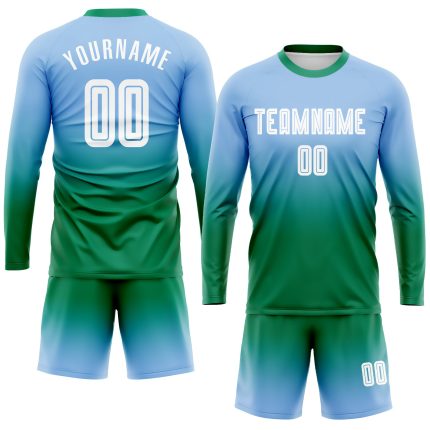 Light Blue White Kelly Green Soccer Jersey Long Sleeve Fade Fashion Sublimation Uniform Custom Light Blue White-Kelly Green