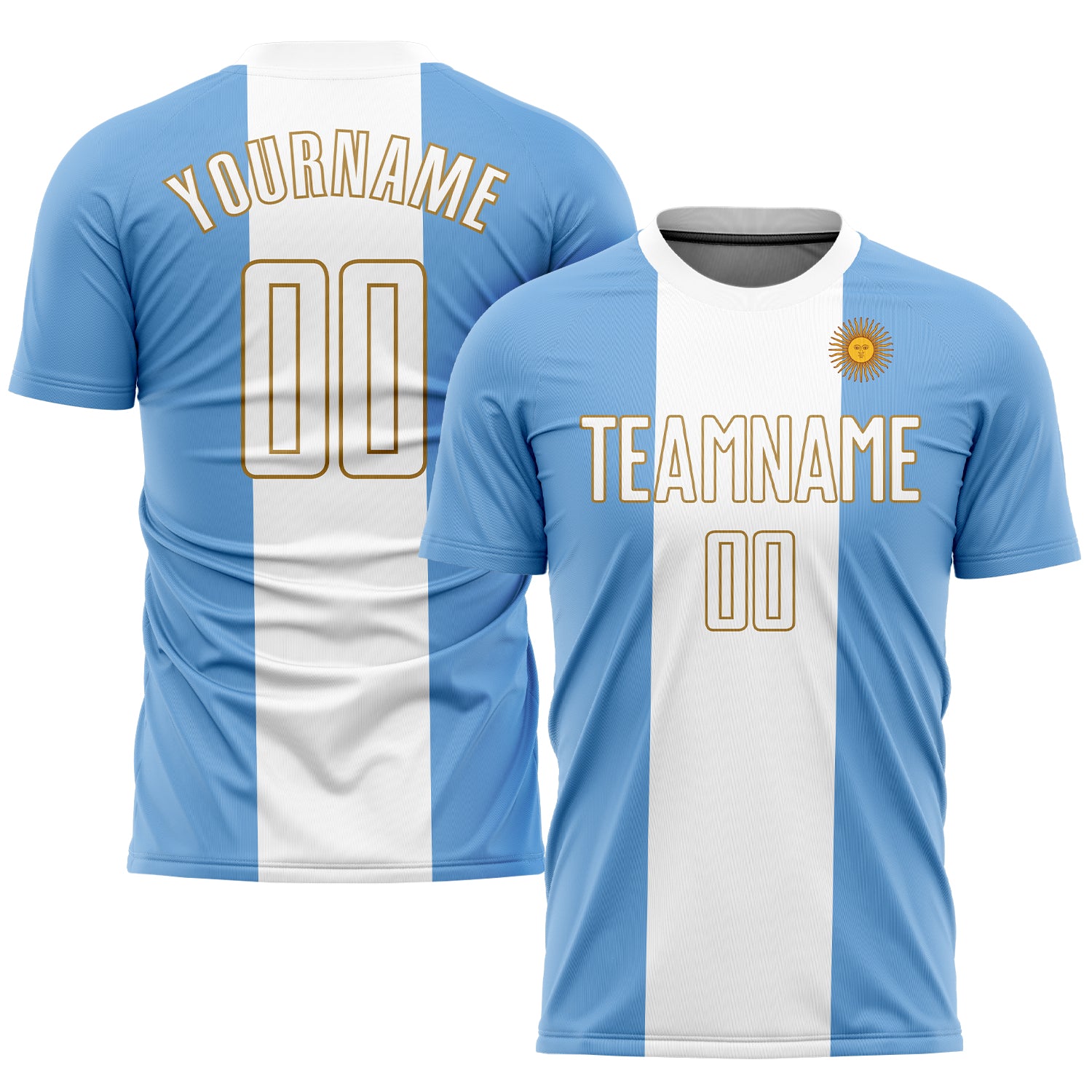 Light Blue White Gold Argentinian Flag Soccer Jersey - Custom Sublimation Uniform Custom Light Blue White-Old Gold Sublimation