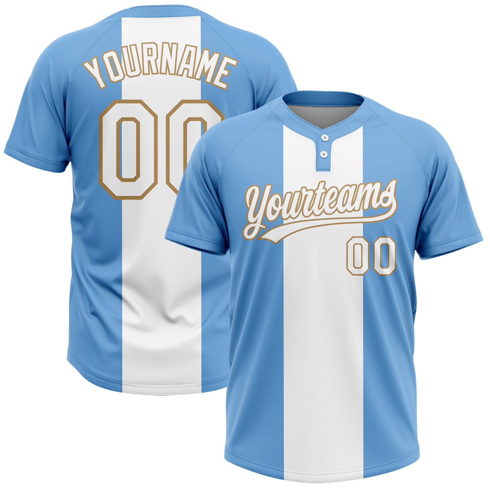 Custom Light Blue White Old Gold Unisex Softball Jersey - Two-Button Design Custom Light Blue White-Old Gold Two-Button Unisex