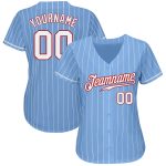 Custom Light Blue White Pinstripe Authentic Baseball Jersey - Red Trim Custom Light Blue White Pinstripe White-Red Authentic