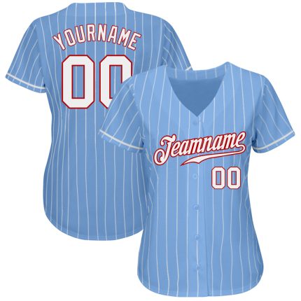 Custom Light Blue White Pinstripe Authentic Baseball Jersey - Red Trim Custom Light Blue White Pinstripe White-Red Authentic