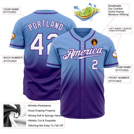 Light Blue White Purple Fade Custom Fashion Baseball Jersey Custom Light Blue White-Purple Authentic Fade Fashion Baseball