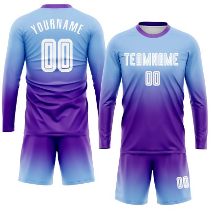 Custom Light Blue White Purple Soccer Jersey Long Sleeve Fade Fashion Uniform Custom Light Blue White-Purple Sublimation
