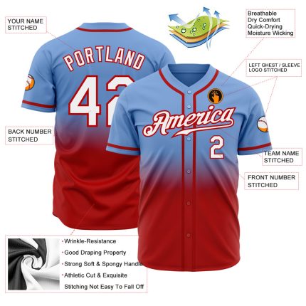 Custom Light Blue Baseball Jersey - Authentic Fade Design in White and Red Colors Custom Light Blue White-Red Authentic Fade