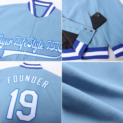 Custom Light Blue White-Royal Varsity Letterman Bomber Full-Snap Jacket Custom Light Blue White-Royal Bomber Full-Snap Varsity