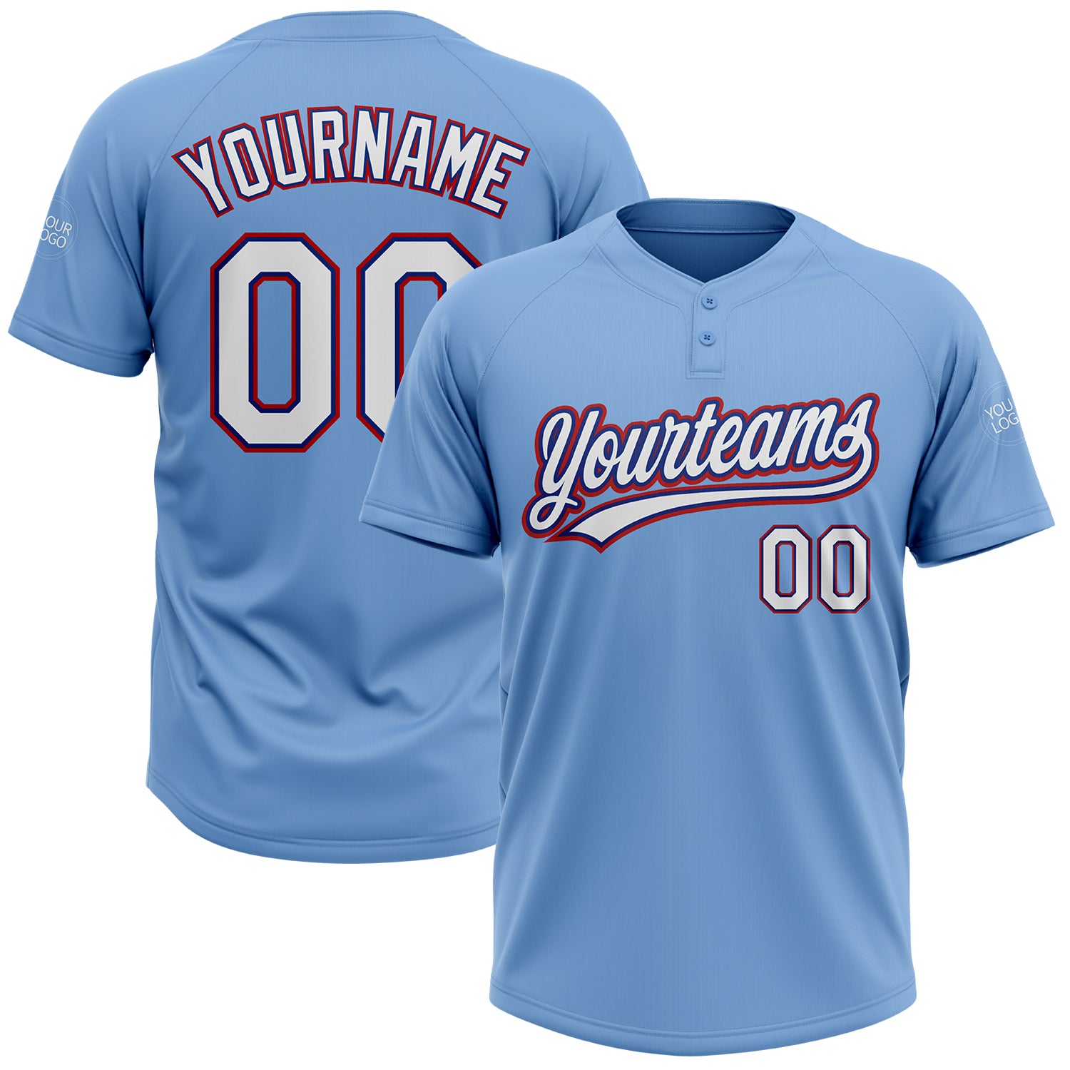 Light Blue White Royal Red Two-Button Unisex Softball Jersey - Customizable Design for Teams and Fans Custom Light Blue White