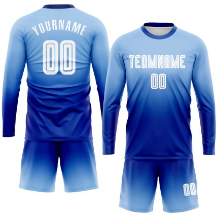 Light Blue White-Royal Fade Soccer Jersey Custom Long Sleeve Sublimation Uniform Custom Light Blue White-Royal Sublimation