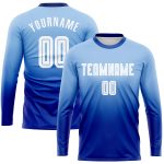 Light Blue White-Royal Fade Soccer Jersey Custom Long Sleeve Sublimation Uniform Custom Light Blue White-Royal Sublimation