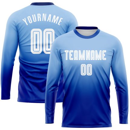 Light Blue White-Royal Fade Soccer Jersey Custom Long Sleeve Sublimation Uniform Custom Light Blue White-Royal Sublimation