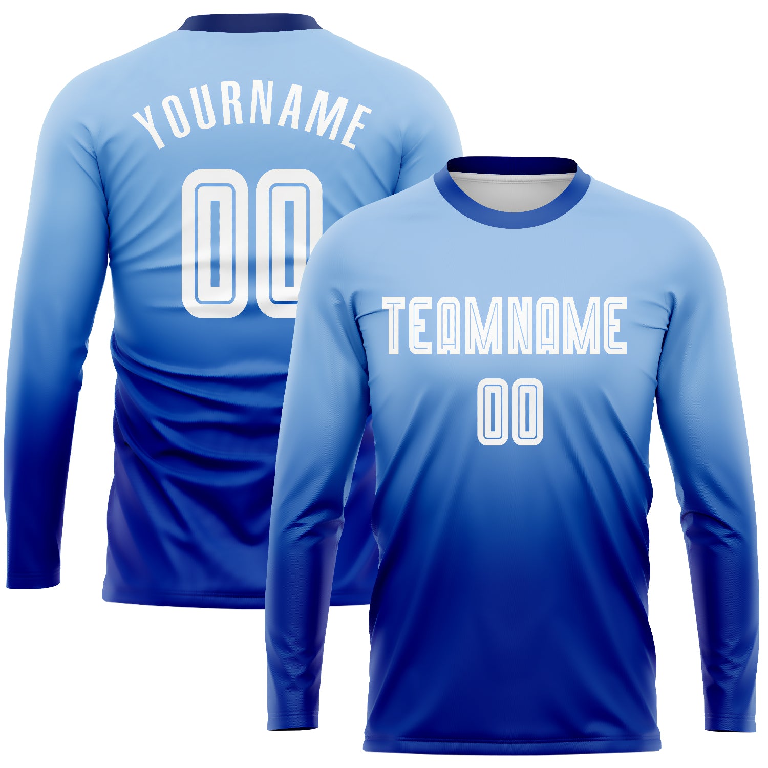Light Blue White-Royal Fade Soccer Jersey Custom Long Sleeve Sublimation Uniform Custom Light Blue White-Royal Sublimation