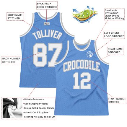 Light Blue White Silver Gray Authentic Throwback Basketball Jersey - Custom Design Custom Light Blue White-Silver Gray Authentic