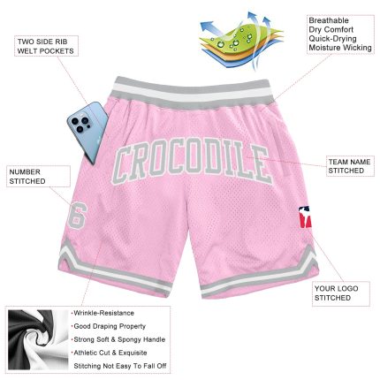 Light Pink Silver Gray White Throwback Basketball Shorts - Custom Fit Authentic篮球短裤 Custom Light Pink Silver Gray-White Authentic