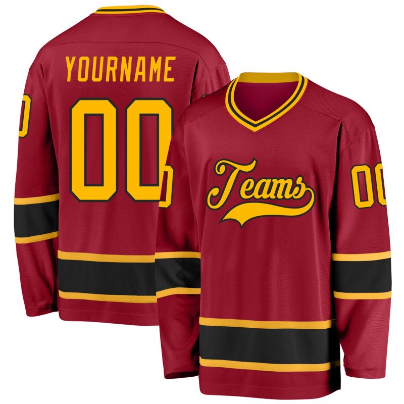 Custom Hockey Jersey in Maroon and Gold-Black - Personalized Team Apparel Custom Maroon Gold-Black Hockey Jersey