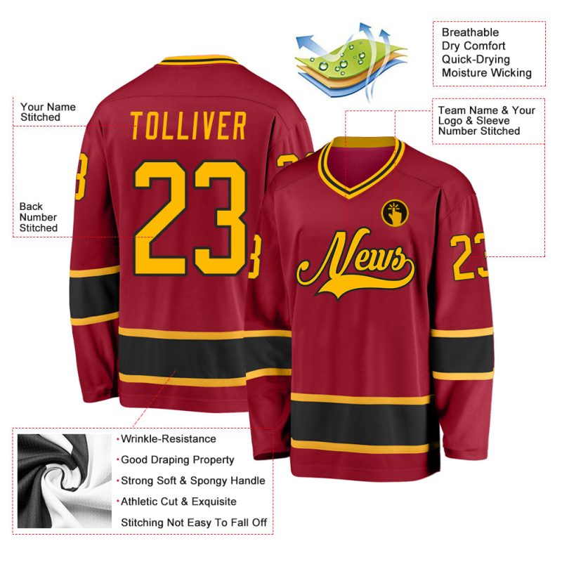 Custom Hockey Jersey in Maroon and Gold-Black - Personalized Team Apparel Custom Maroon Gold-Black Hockey Jersey