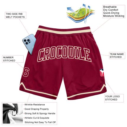 Custom Maroon Cream Basketball Shorts Authentic Throwback Style Custom Maroon Maroon-Cream Authentic Throwback Basketball