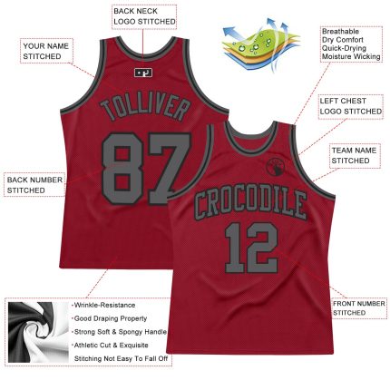 Custom Maroon Basketball Jersey - Authentic Throwback Gray-Black Design Custom Maroon Steel Gray-Black Authentic Throwback