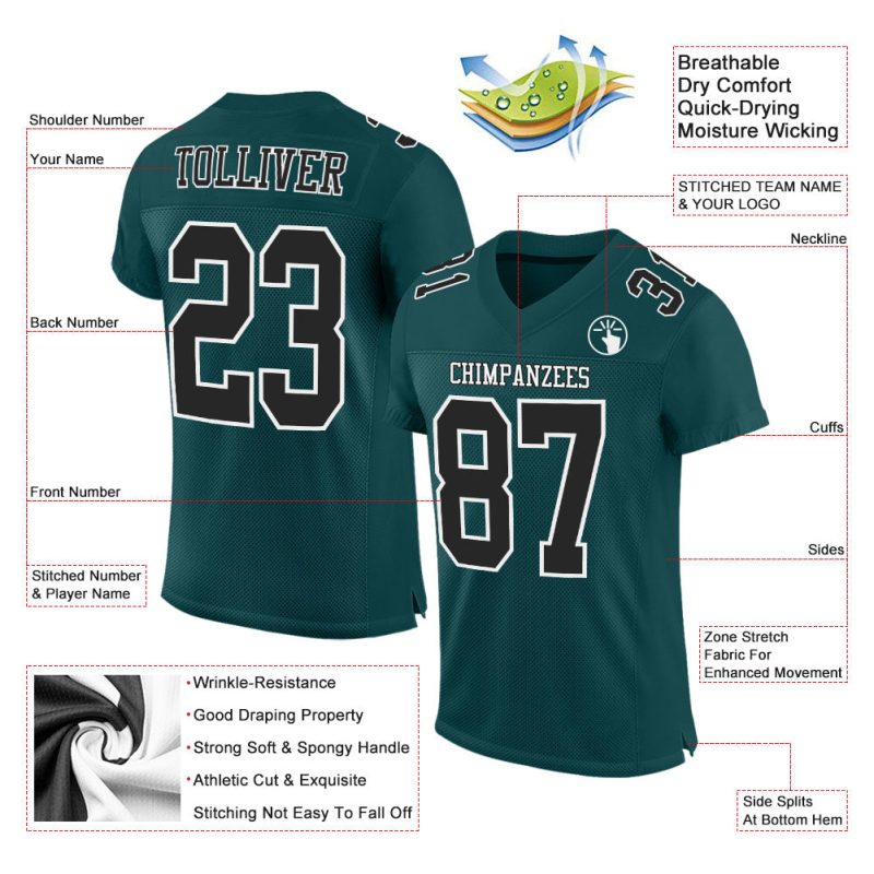 Midnight Green Custom Football Jersey - Black-White Mesh Authentic Design Custom Midnight Green Black-White Mesh Authentic