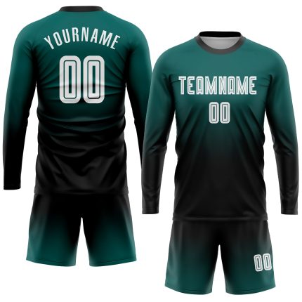 Midnight Green Black White Soccer Uniform Jersey - Custom Sublimation Long Sleeve Fade Fashion Custom Midnight Green White-Black