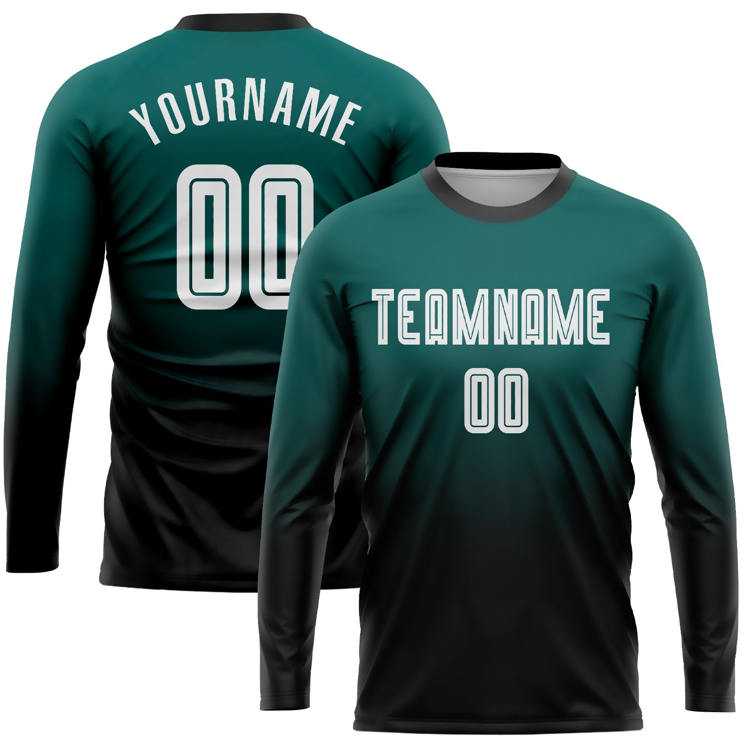 Midnight Green Black White Soccer Uniform Jersey - Custom Sublimation Long Sleeve Fade Fashion Custom Midnight Green White-Black