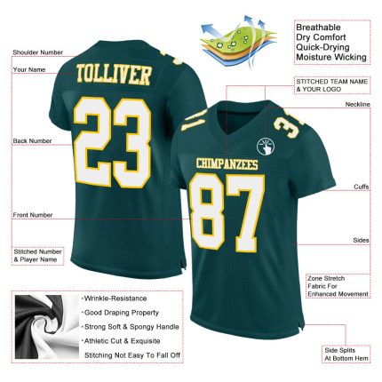 Custom Midnight Green White Gold Authentic Football Jersey - Mesh Design Custom Midnight Green White-Gold Mesh Authentic