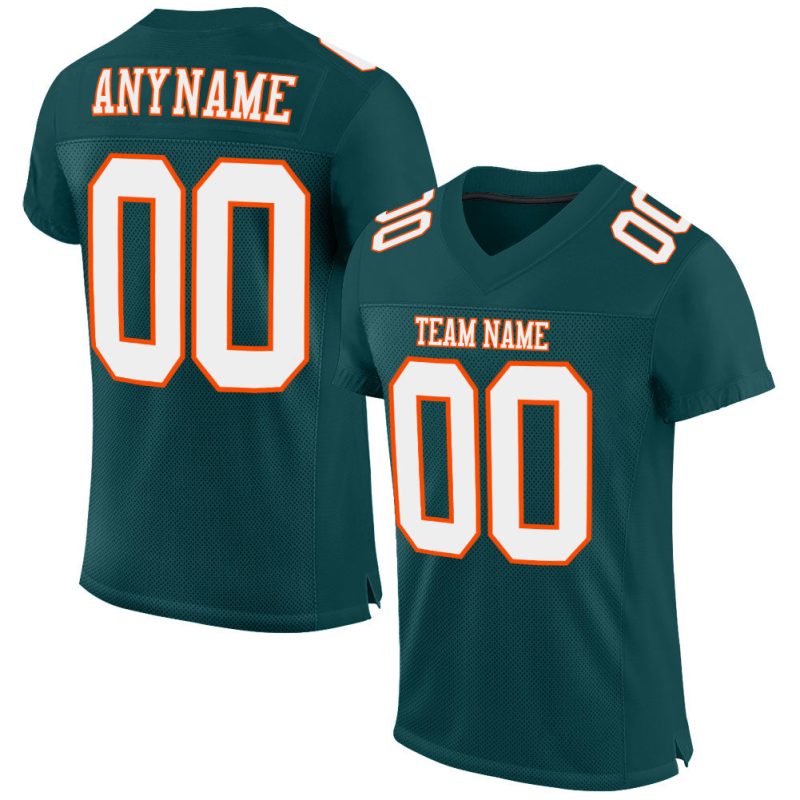 Midnight Green Custom Football Jersey - Authentic White-Orange Mesh Design Custom Midnight Green White-Orange Mesh Authentic