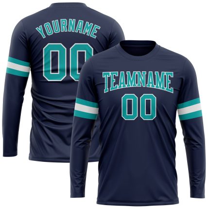 Navy Aqua-White Long Sleeve Performance T-Shirt Salute To Service Custom Custom Navy Aqua-White Long Sleeve Performance Salute