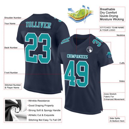 Custom Aqua Navy Football Jersey - Authentic Mesh Design, Personalized Style Custom Navy Aqua-White Mesh Authentic Football