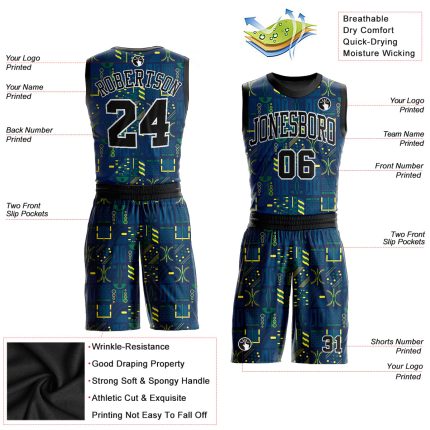 Custom Navy Black Gold Basketball Jersey Round Neck Sublimation Suit Custom Navy Black-Gold Round Neck Sublimation Basketball