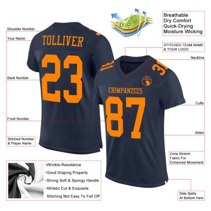 Custom Navy Orange Mesh Authentic Football Jersey for Men and Women Custom Navy Blaze Orange Mesh Authentic Football Jersey