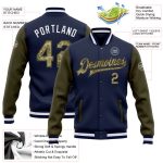 Custom Navy Camo Olive Bomber Jacket Full-Snap Varsity Letterman Two Tone Custom Navy Camo-Olive Bomber Full-Snap Varsity