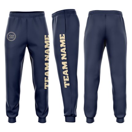 Navy Cream Fleece Jogger Sweatpants for Men and Women - Customizable Athletic Pants Custom Navy Cream Fleece Jogger Sweatpants